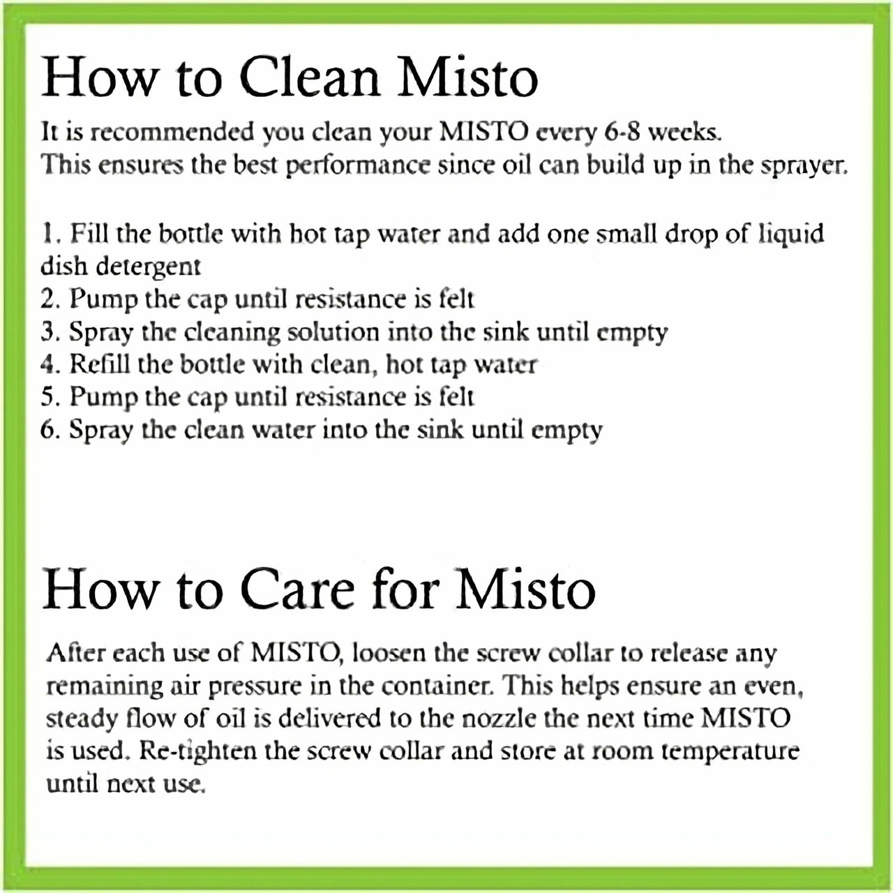 Misto Sprayer Care for Instructions Card