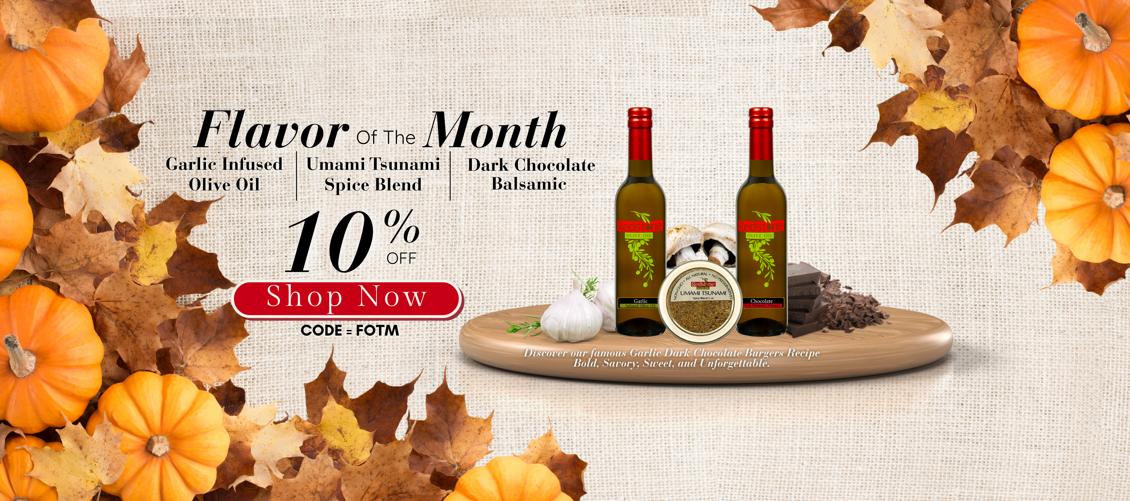 Promotional banner for a flavor of the month with olive oil bottles and pumpkins.