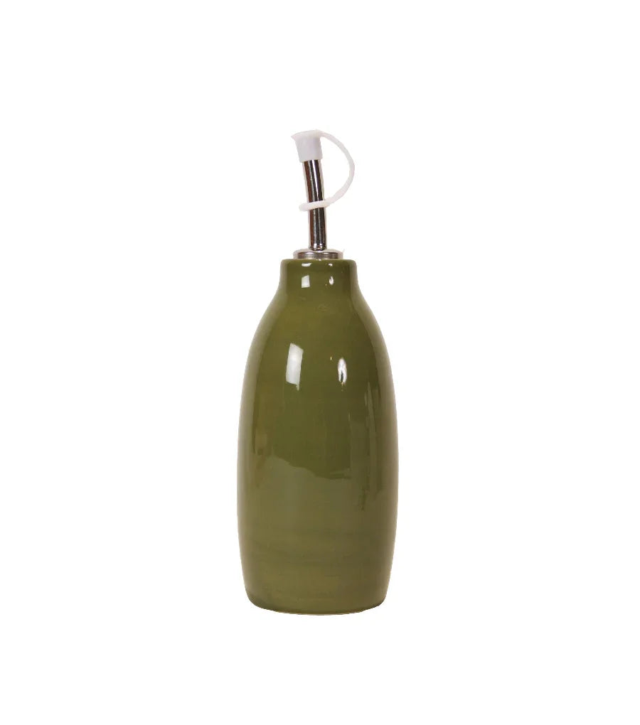 Redstone Olive Green Oil & Vinegar Cruet — high-fired ceramic with stainless steel pour spout, 14 oz capacity by Out of the Woods of Oregon