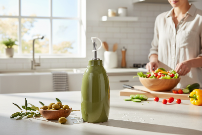 Olive green oil and vinegar cruet on kitchen counter with olives, salad, and vegetables nearby.