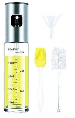 Redstone Premium Olive Oil Sprayer disassembled showing all parts — borosilicate glass bottle, stainless steel top, and spray nozzle