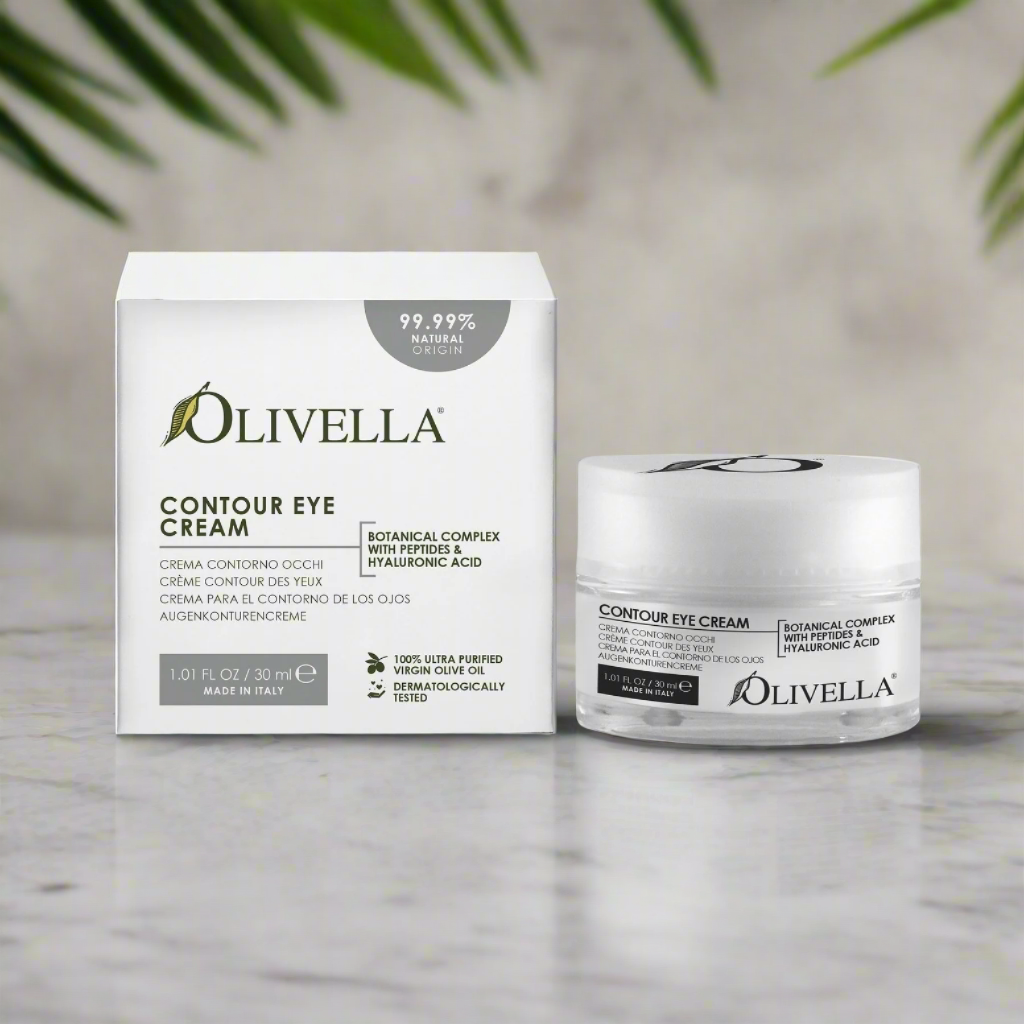 Olivella contour eye cream box and jar