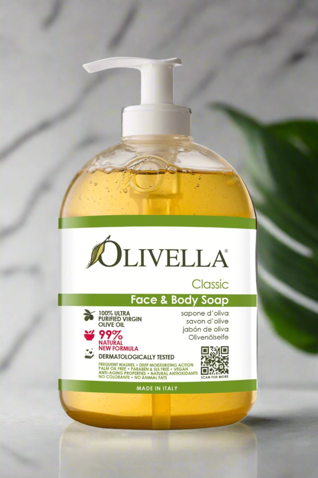 Olivella face body classic soap bottle front