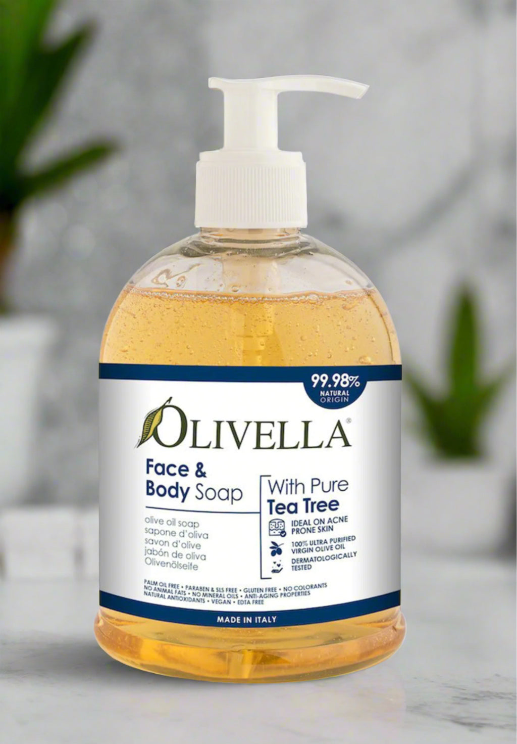 Olivella face body tea tree soap bottle