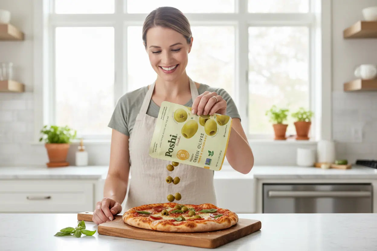 Woman adding green olives to pizza in a bright kitchen with fresh herbs