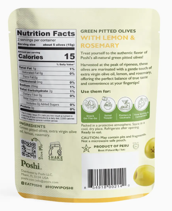 Olive packet lemon and rosemary nutrition label