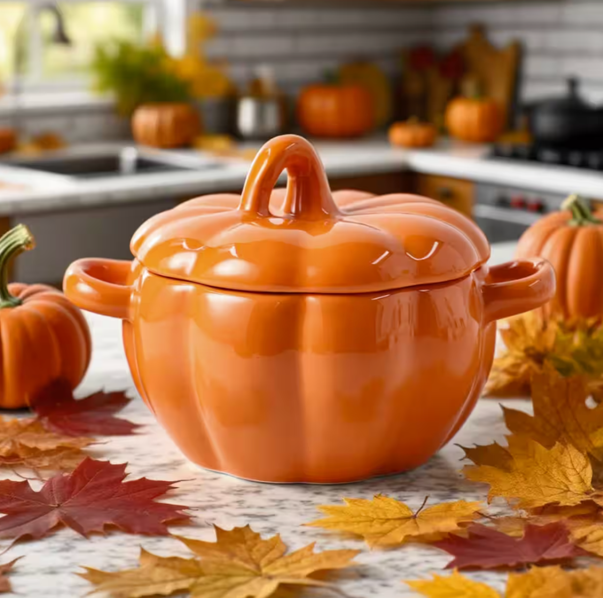 Orange Pumpkin Ceramic Baking Dish in kitchen with leaves