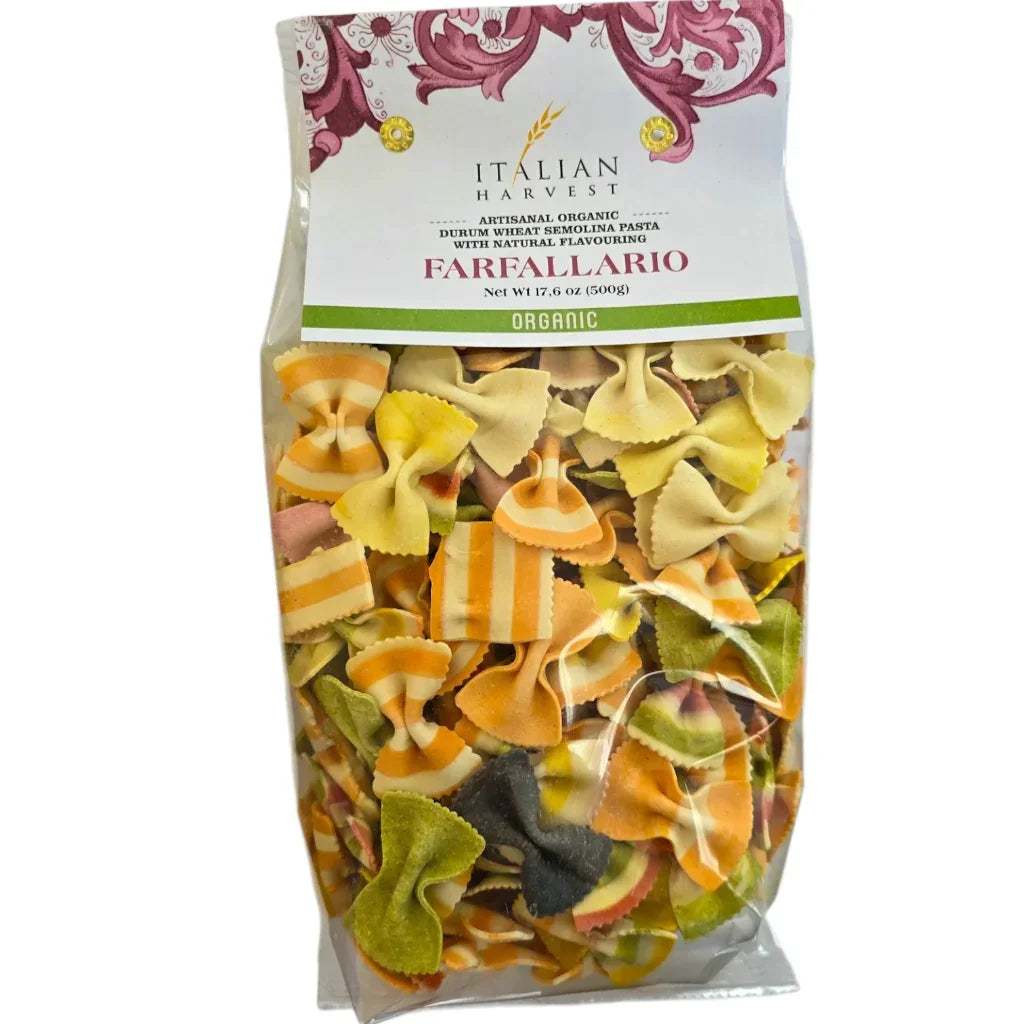 Redstone Organic Multicolored Rainbow Bowtie Pasta bag — naturally colored with tomato, spinach, beetroot, paprika, and turmeric, no artificial dyes