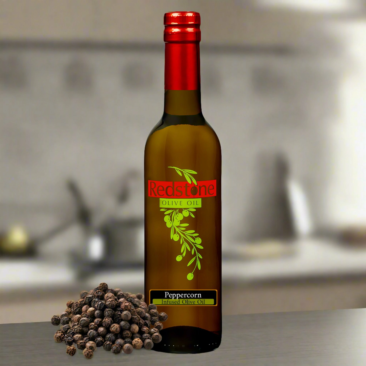 Elegant presentation of Black Peppercorn Infused Olive Oil with scattered peppercorns around the bottle