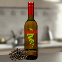 Thumbnail for Elegant presentation of Black Peppercorn Infused Olive Oil with scattered peppercorns around the bottle
