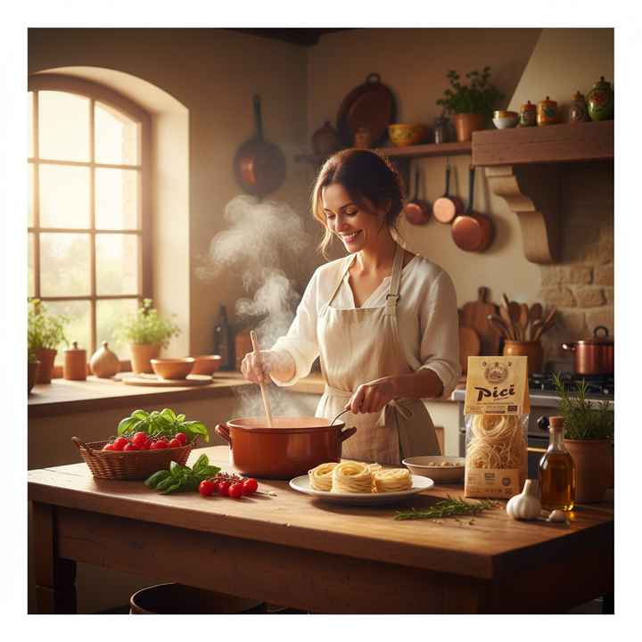 Lady cooking Bag of Pici di Toscana Organic in tuscan kitchen