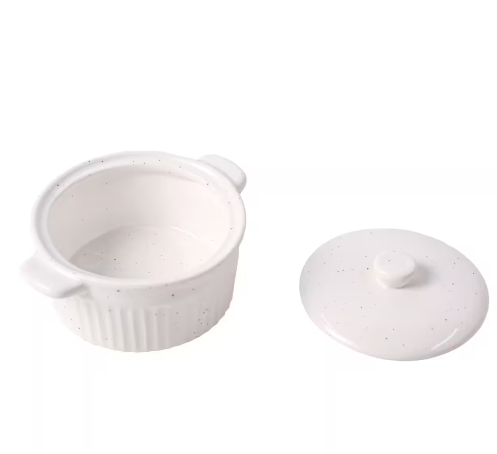 White Ramkin open with lid to the side
