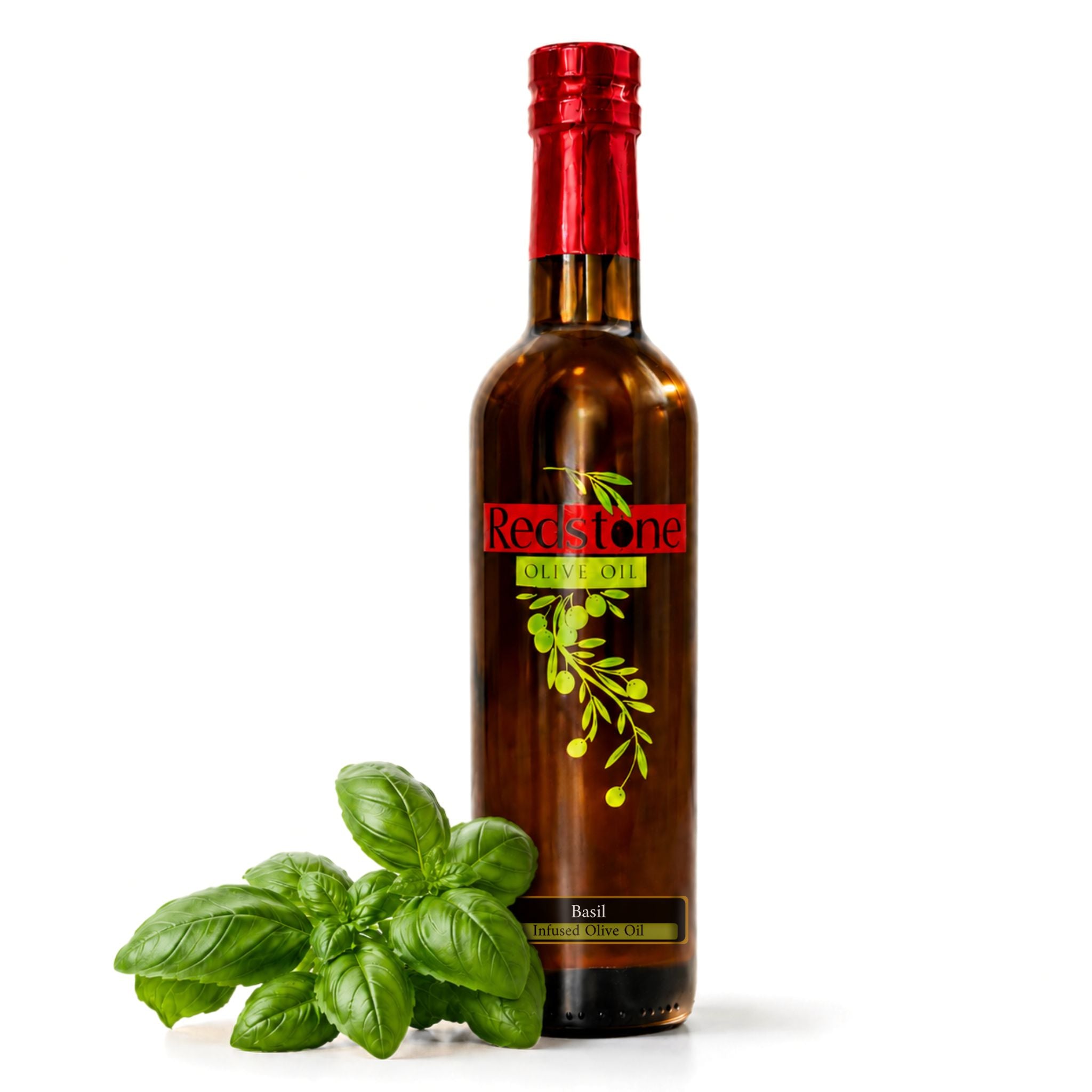 Bottle of Redstone Olive Oil Basil Infused Olive Oil with a fresh green basil sprig leaning against the amber bottle on a clean white background, clearly showing the Basil Infused Olive Oil label