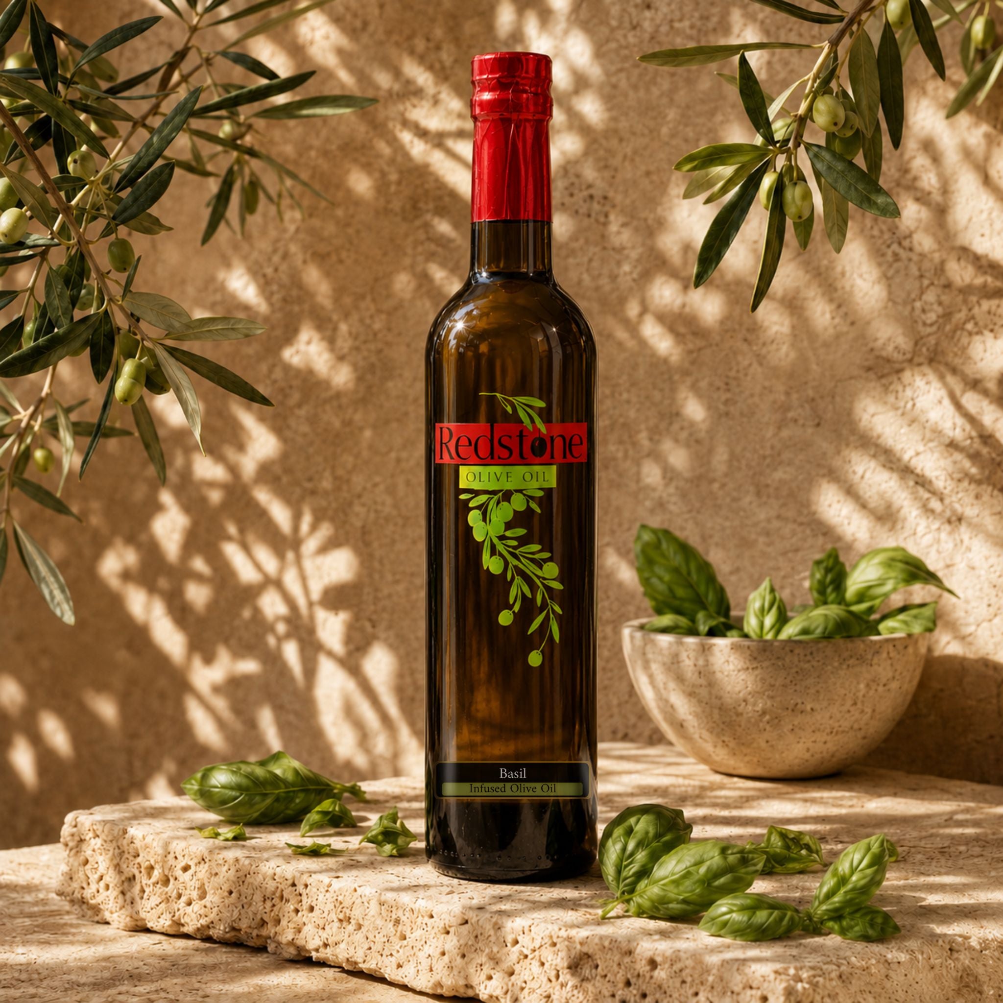 Bottle of Redstone Olive Oil Basil Infused Olive Oil standing on a textured stone pedestal surrounded by fresh scattered basil leaves and a stone bowl of basil, with live olive branches overhead casting dappled shadows on a warm terracotta wall