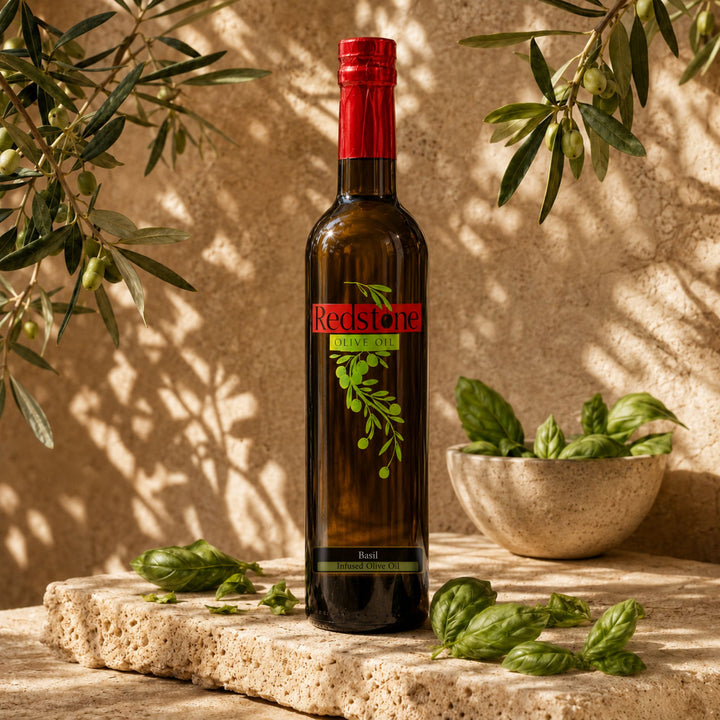 Bottle of Redstone Olive Oil Basil Infused Olive Oil standing on a textured stone pedestal surrounded by fresh scattered basil leaves and a stone bowl of basil, with live olive branches overhead casting dappled shadows on a warm terracotta wall