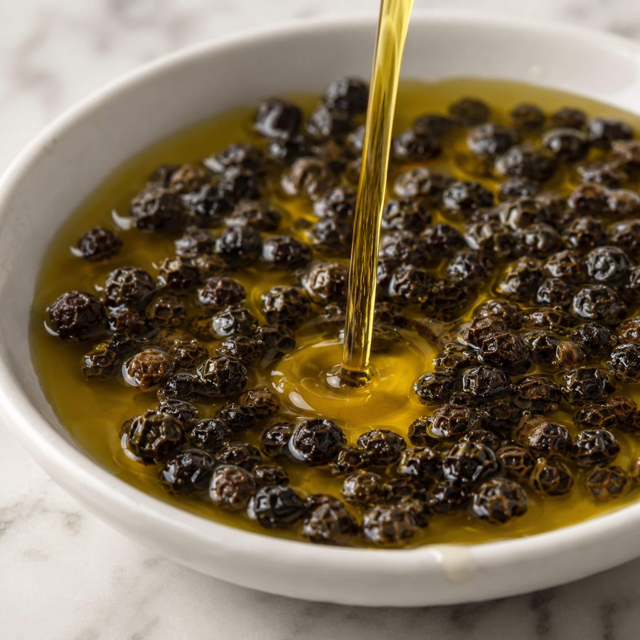 Golden extra virgin olive oil pouring into a bowl with black peppercorns, showcasing rich flavor and freshness.