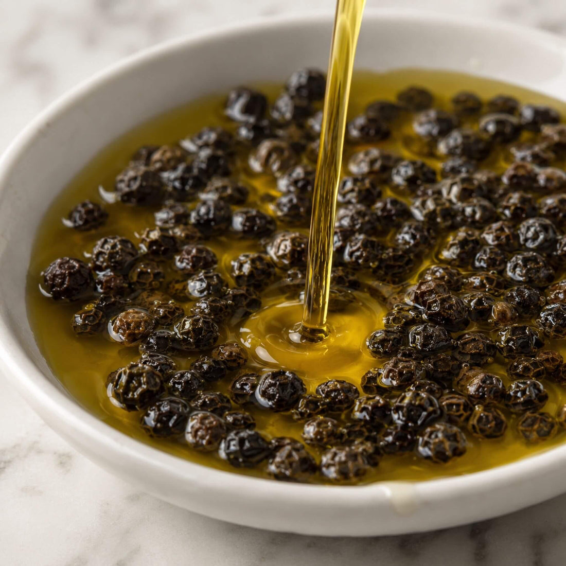 Golden extra virgin olive oil pouring into a bowl with black peppercorns, showcasing rich flavor and freshness.