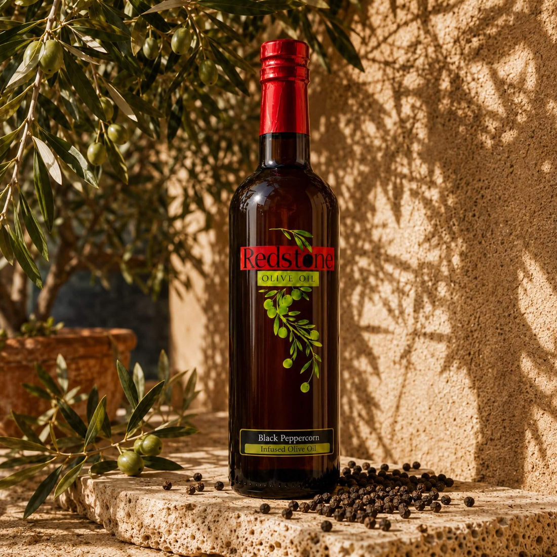 Black peppercorn infused olive oil bottle with fresh olives and peppercorns, sunlit stone setting