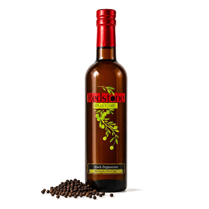 Redstone Black Peppercorn Infused Olive Oil bottle with peppercorns, extra virgin, cold-pressed