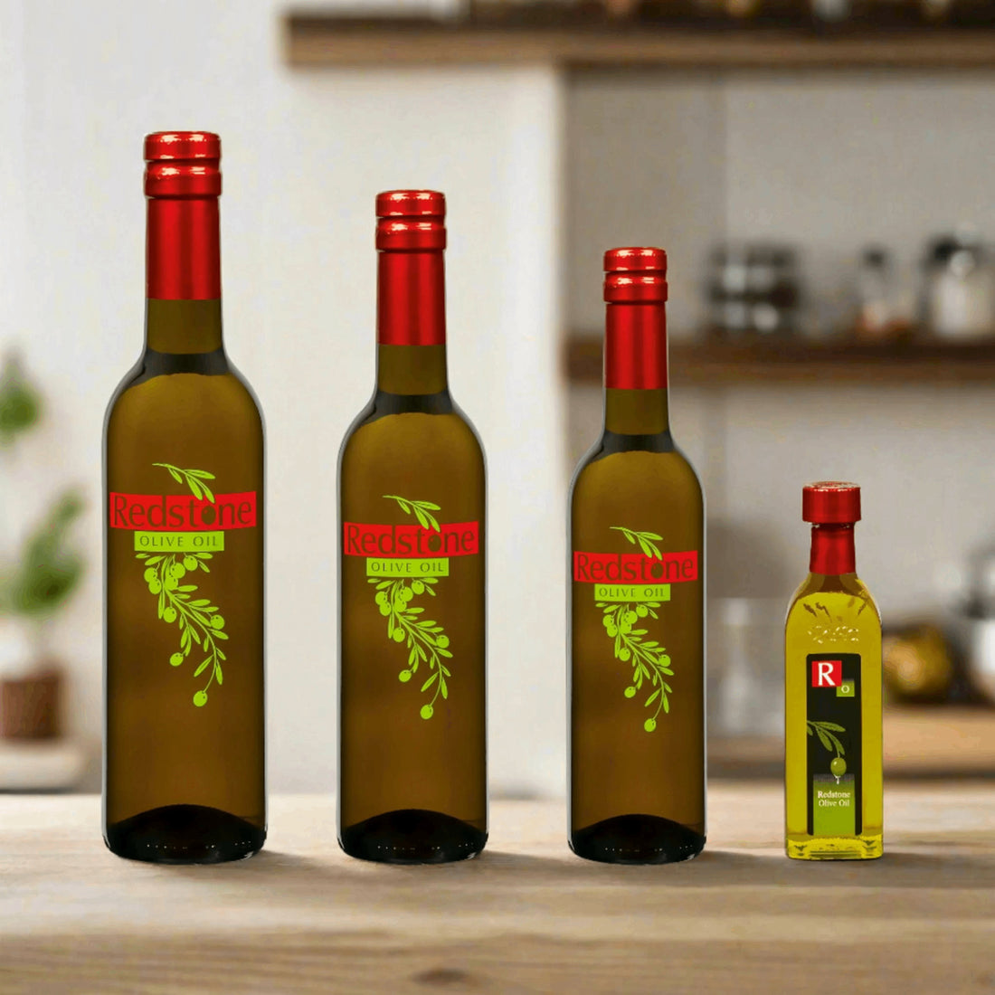 Trio of Olive Oil or Balsamic Vinegar bottles displayed on a table