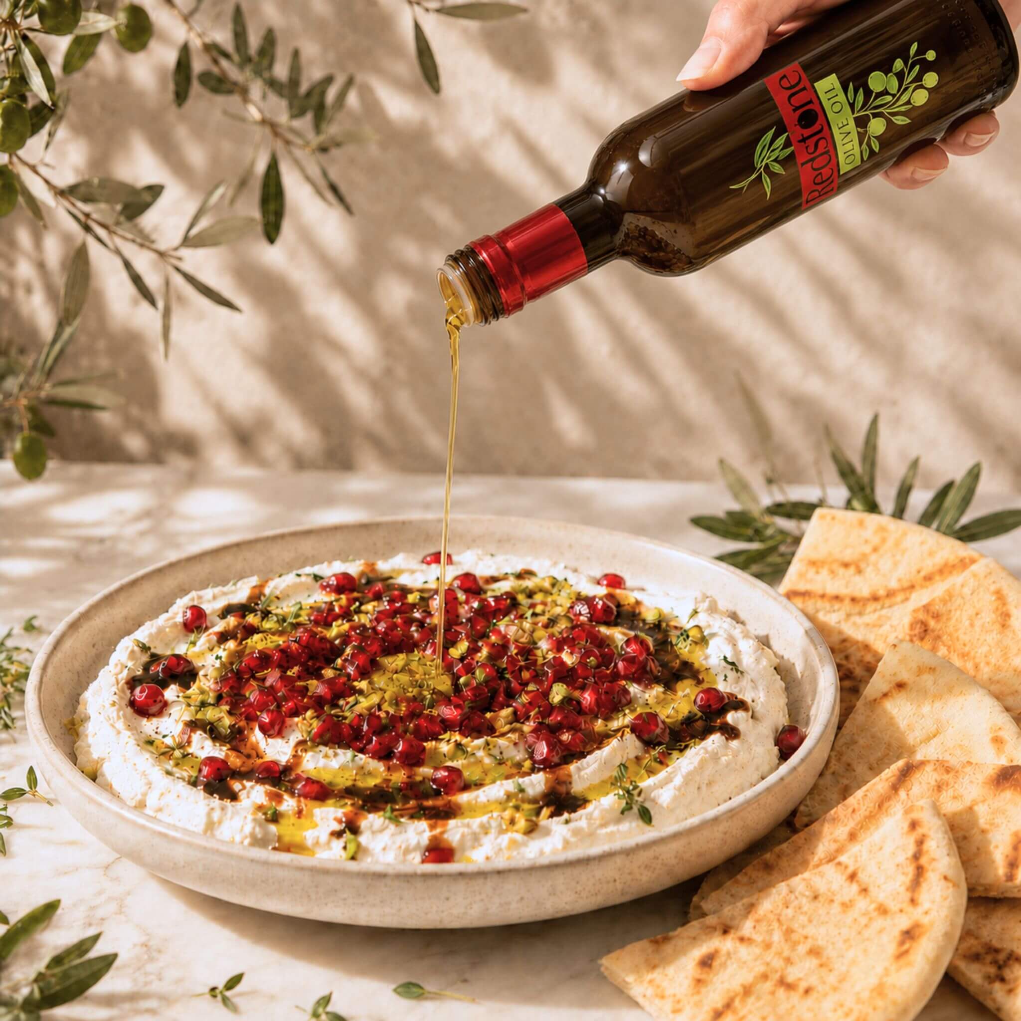 Hand pouring Redstone Olive Oil Rosemary Fused Olive Oil over a rustic ceramic bowl of whipped feta topped with pomegranate arils, crushed pistachios, and fresh thyme, served alongside toasted pita wedges on a marble surface with olive branches casting dappled shadows on a warm terracotta wall