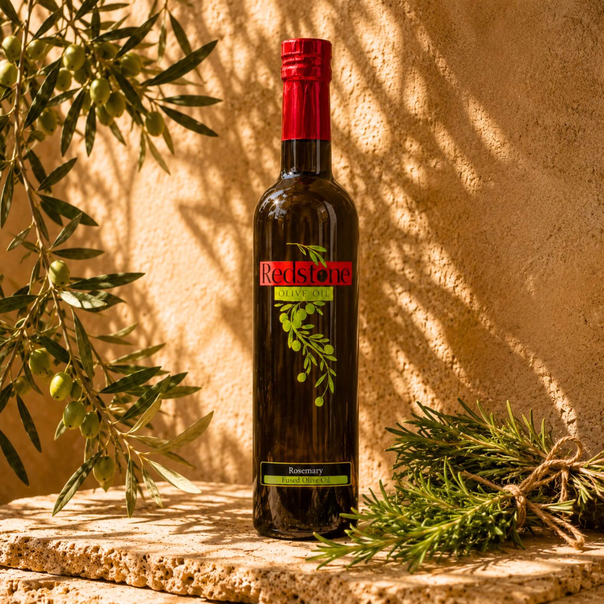 Bottle of Redstone Olive Oil Rosemary Fused Olive Oil standing on a textured stone surface with a tied bundle of fresh rosemary sprigs alongside, framed by a live olive branch with green olives on the left and warm golden dappled shadows across a terracotta wall in a sun-drenched Mediterranean courtyard setting