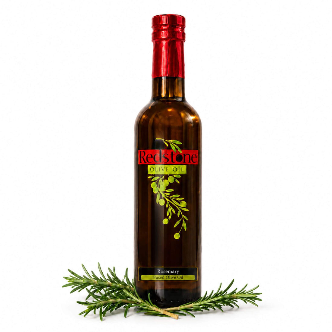 Bottle of Redstone Olive Oil Rosemary Fused Olive Oil on a clean white background with two fresh rosemary sprigs laid across the base of the amber bottle, clearly showing the Rosemary Fused Olive Oil label with red foil cap