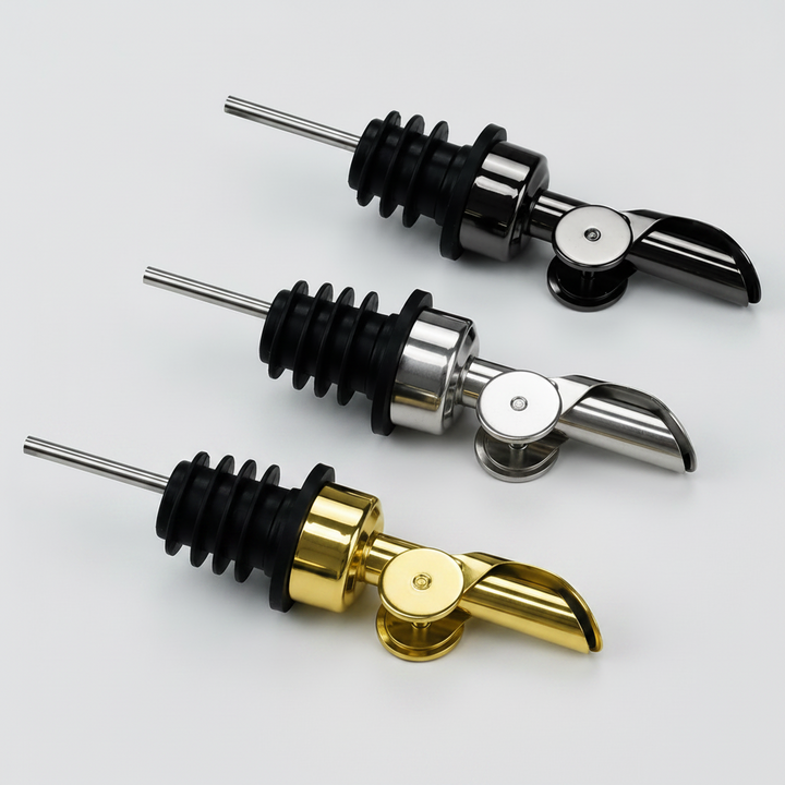 Three bottle stoppers with different finishes on a white background