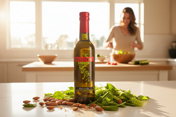 Spanish Manzanillo Robust Extra Virgin Olive Oil in a bright sunny kitchen
