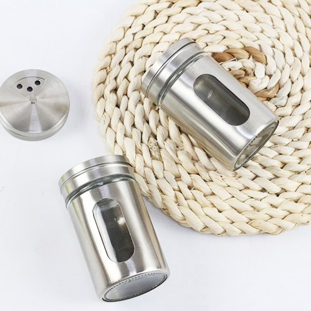 Stainless steel spice shaker jar with clear viewing window for storing and dispensing salt, pepper, herbs, and seasonings