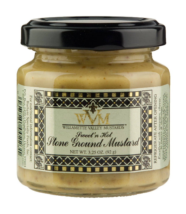 Jar of Sweet n Hot Stone Ground Mustard with black lid and decorative label