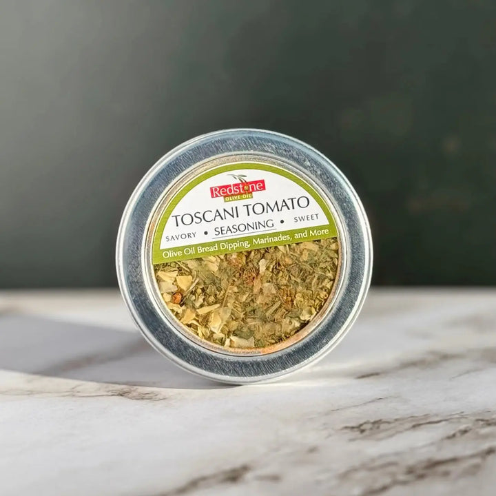 Toscani tomato seasoning tin with dried herb blend for olive oil bread dipping and marinades