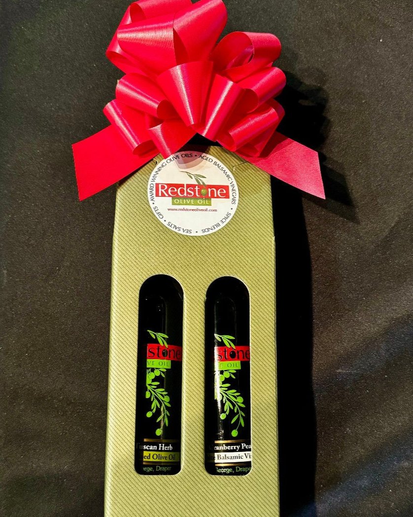 Tuscan Herb Olive Oil and Cranberry Pear vinegar 200 mL bottles in a sage gift box with bow