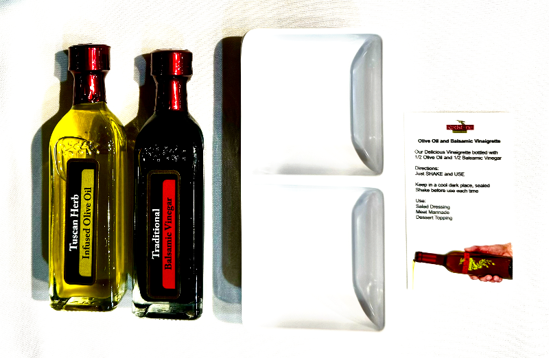 Tuscan Herb Olive Oil & Traditional Balsamic Vinegar with dipping dish and Vinaigrette Instructions