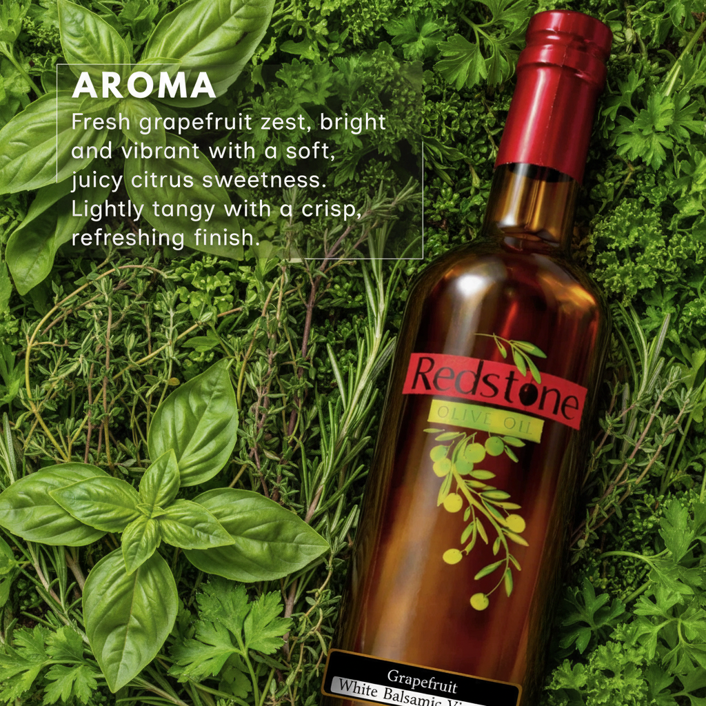 Bottle of Redstone Tuscan Herb Infused Olive Oil surrounded by green herbs