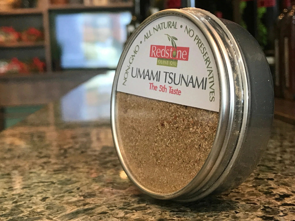 Umami Tsunami seasoning jar on kitchen countertop