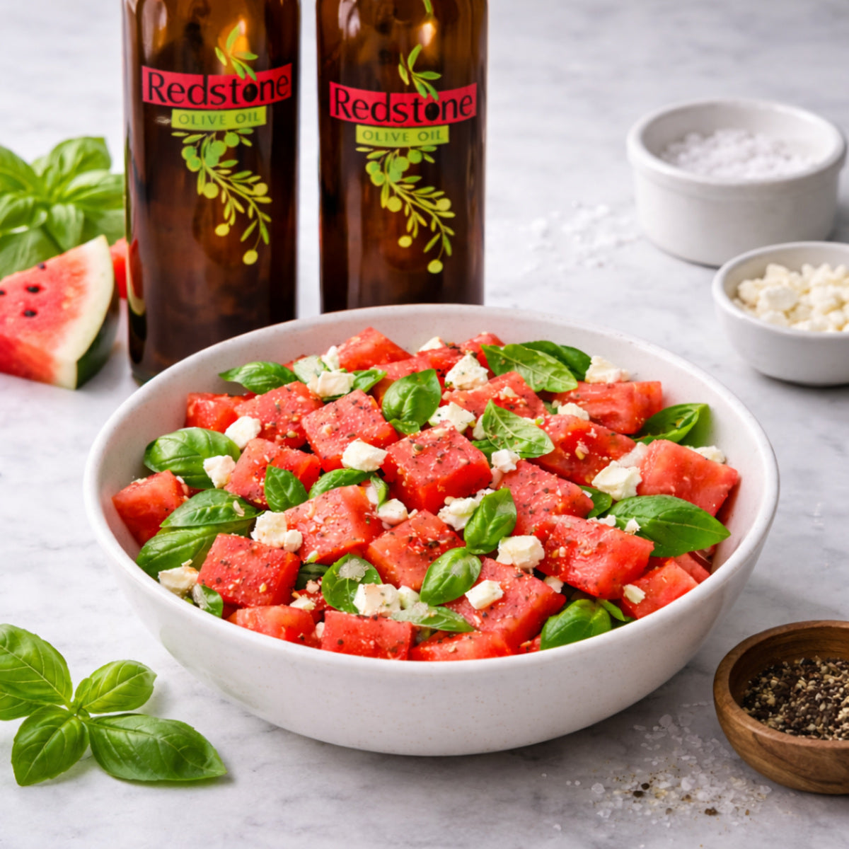 Watermelon feta salad made with fresh basil, feta cheese, and watermelon, served with Redstone Olive Oil basil-infused olive oil and watermelon rosé balsamic vinegar in the background