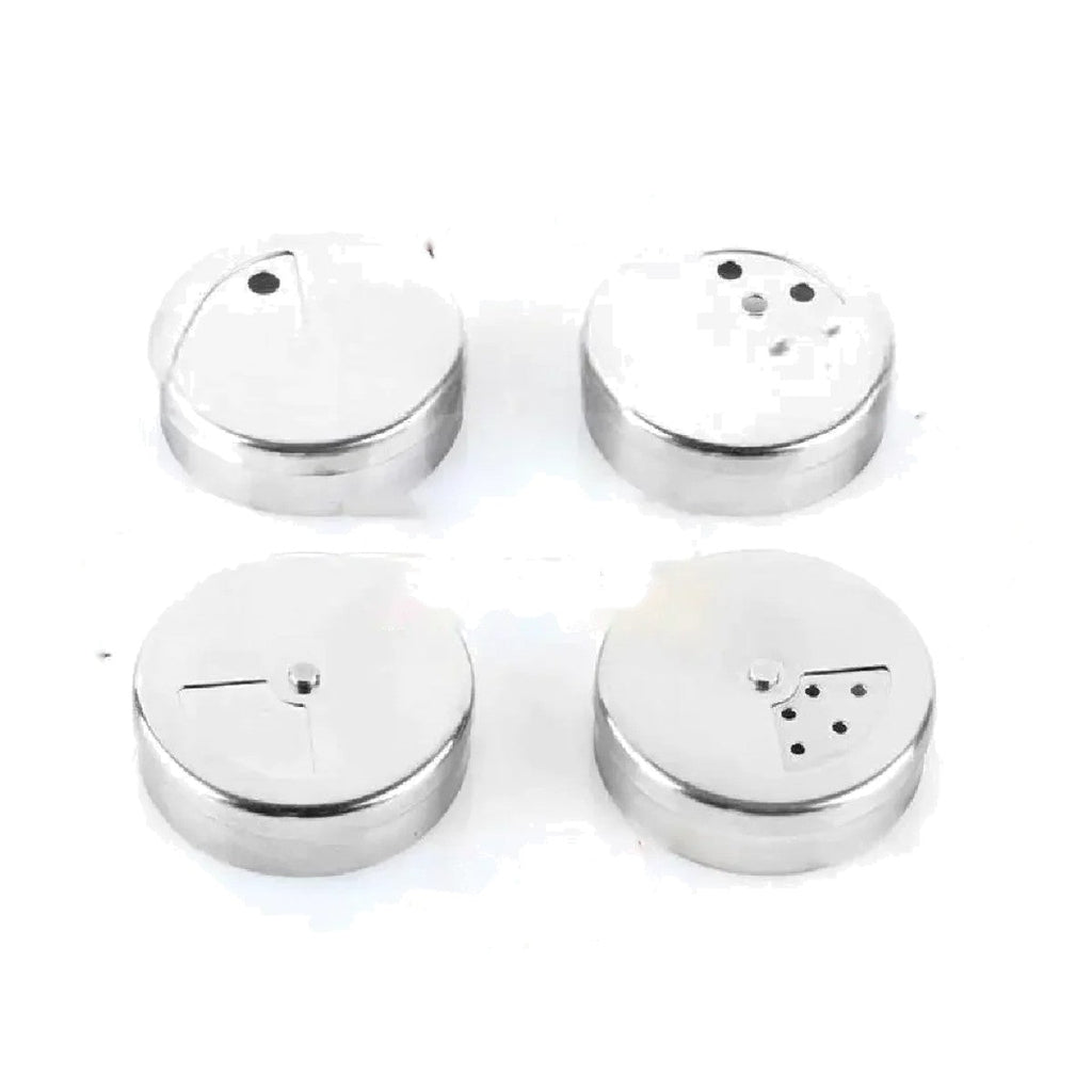 Four stainless steel spice jar lids showing pour, sprinkle, shake, and closed settings