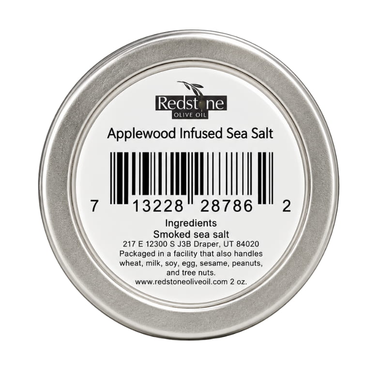 Redstone Applewood Infused Sea Salt bottom label showing barcode, ingredients: smoked sea salt — 2 oz tin