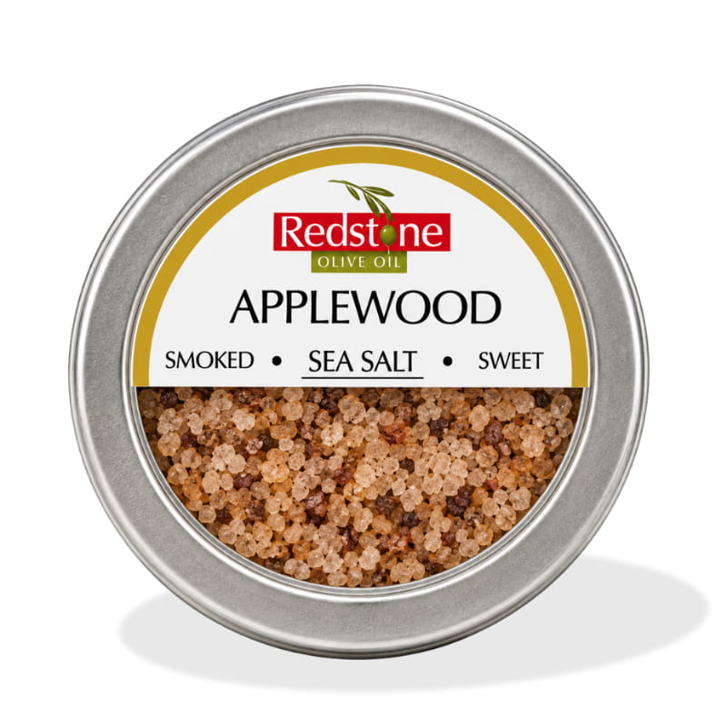 Redstone Applewood Sea Salt front tin label — Smoked · Sea Salt · Sweet — all natural, no preservatives