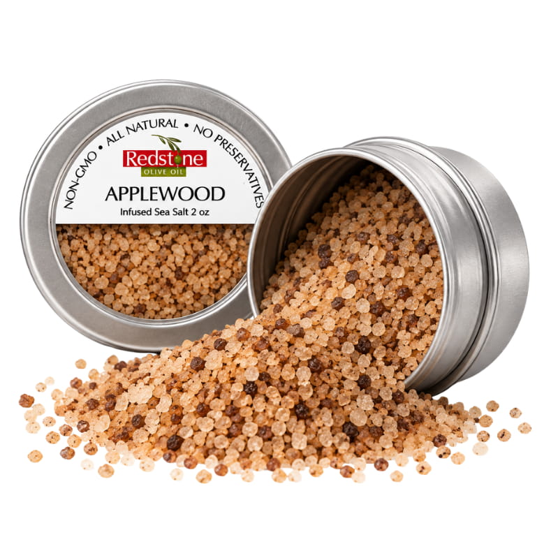 Redstone Applewood Infused Sea Salt open tin spilling smoky amber sea salt crystals — all-natural gourmet finishing salt