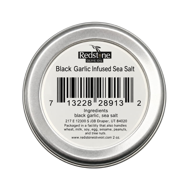 Redstone Black Garlic Sea Salt bottom label showing barcode, ingredients: black garlic, sea salt — 2 oz tin