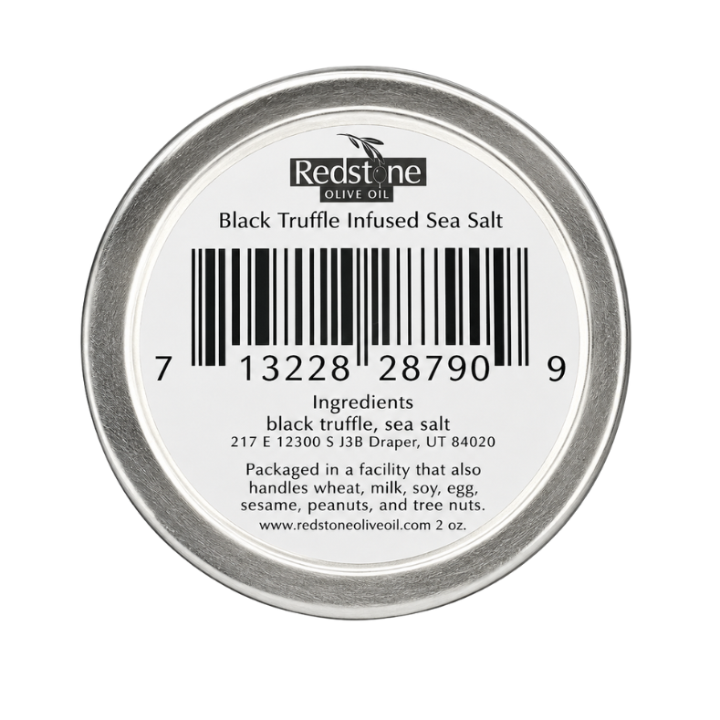 Redstone Black Truffle Sea Salt bottom label showing barcode, ingredients: sea salt, black truffle — 2 oz tin