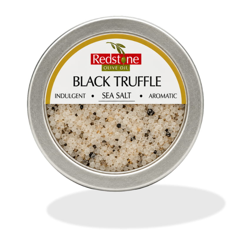 Redstone Black Truffle Sea Salt front tin label — Indulgent · Sea Salt · Aromatic — all natural, no preservatives