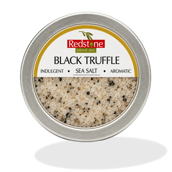 Redstone Black Truffle Sea Salt front tin label — Indulgent · Sea Salt · Aromatic — all natural, no preservatives