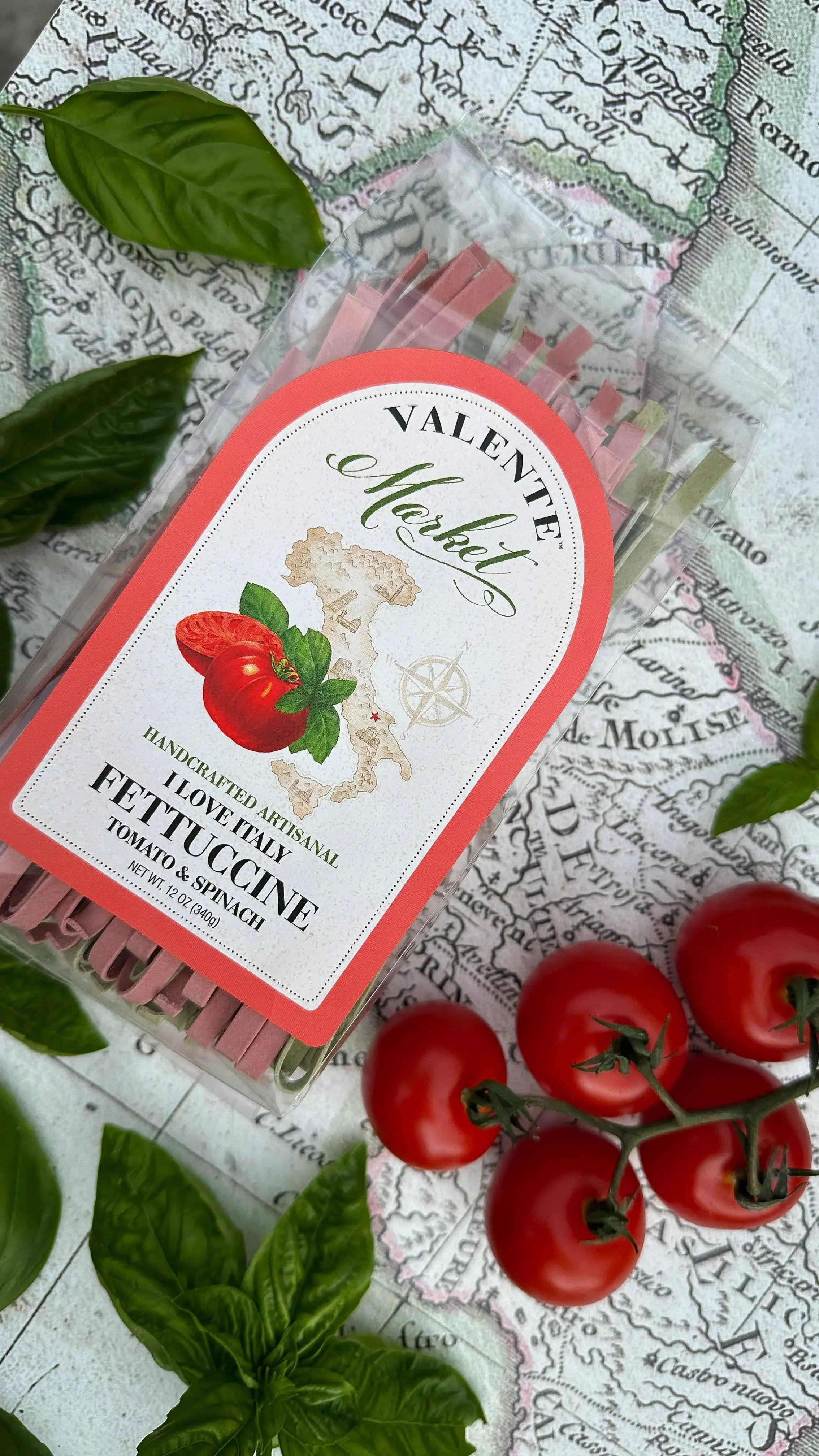 Handcrafted I Love Pasta white and red fettuccine with fresh tomatoes and basil — perfect Valentine’s Day and romantic dinner pasta