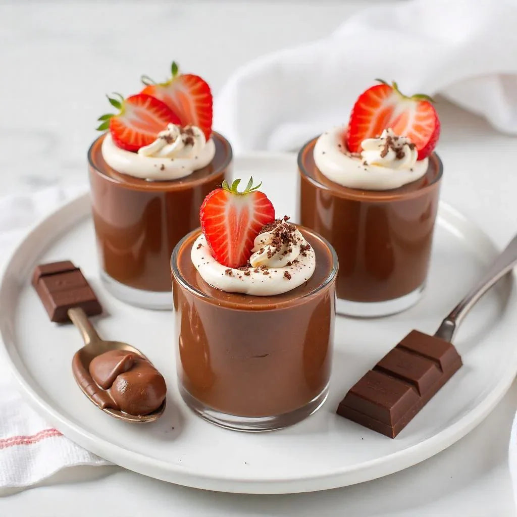 Homemade chocolate mousse dessert cups served on a white plate with chocolate bars and a spoonful of pudding on the side.