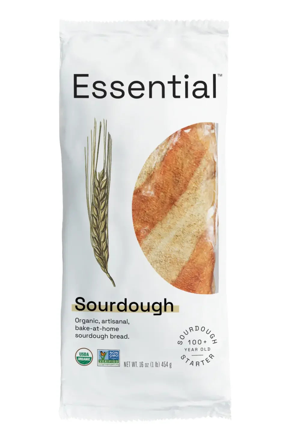 Essential brand organic sourdough bread packaging, 16 oz bag, featuring a stalk of wheat, a cutout showing the bread crust, USDA Organic logo, and Non-GMO Project Verified seal