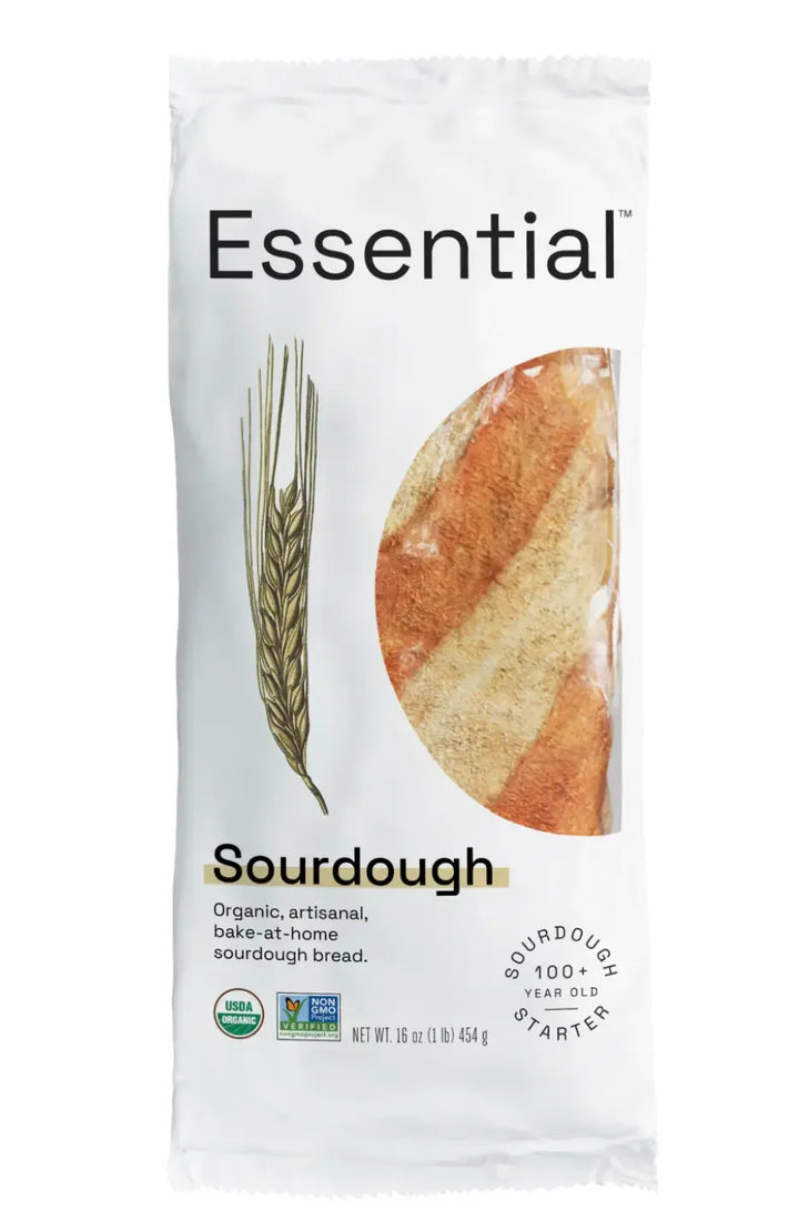 Essential brand organic sourdough bread packaging, 16 oz bag, featuring a stalk of wheat, a cutout showing the bread crust, USDA Organic logo, and Non-GMO Project Verified seal