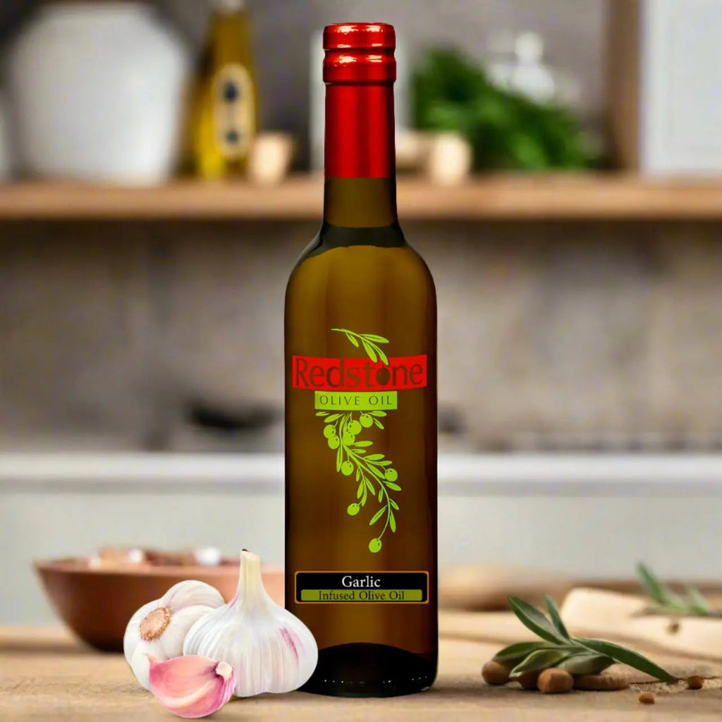 Redstone garlic olive oil in kitchen setting — ideal for pasta, marinades, roasted vegetables, and bread dipping